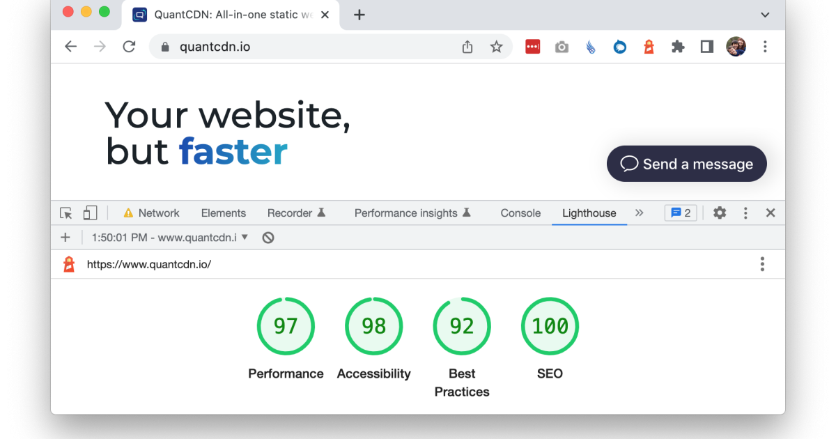 QuantCDN Home Page Lighthouse Scores with Chrome DevTools