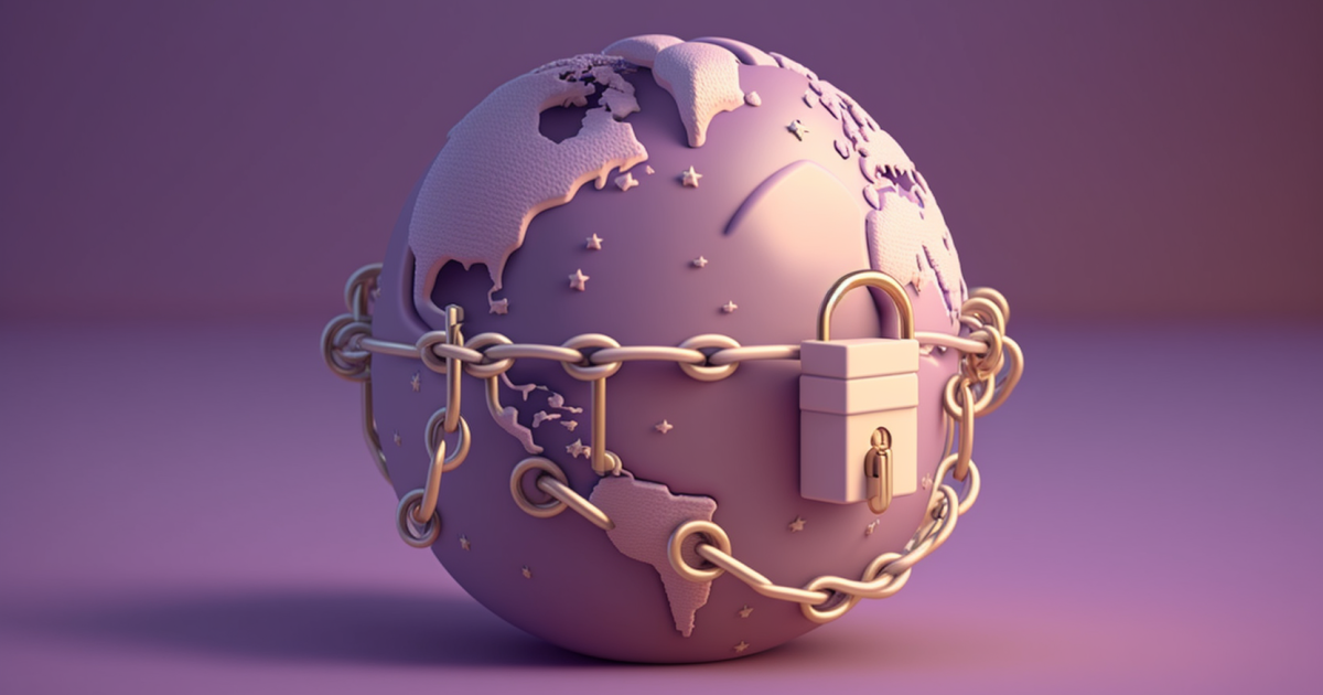 3D rendering of globe with chains around it and a padlock in claymation style
