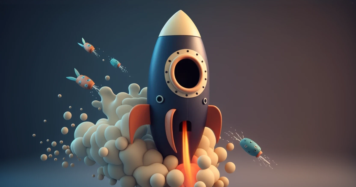 Rocketship blasting off in cartoon claymation style