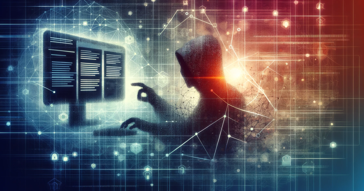 Graphic art representing a hooded hacker with a computer in dark colors