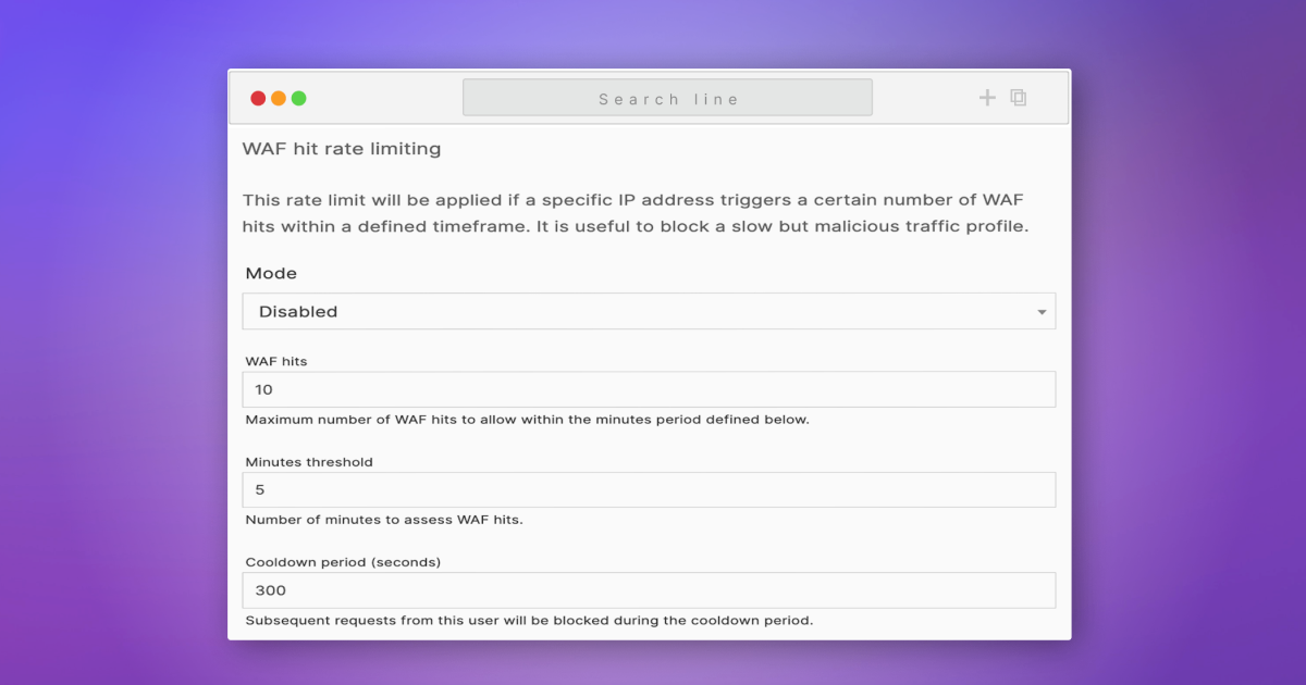 Screenshot of Quant WAF hit rate limiting settings form in a browser window with purple background