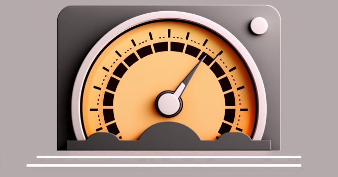 Web browser with speedometer in grey, orange and white
