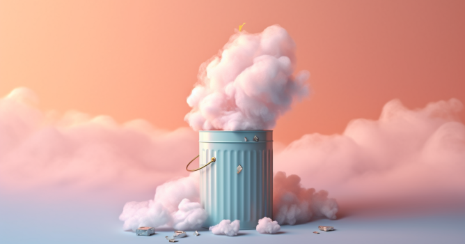Garbage can in the clouds in pastel colors
