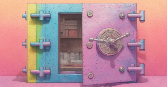 Pastel drawing of a safe that is partially open in pastel colors v1