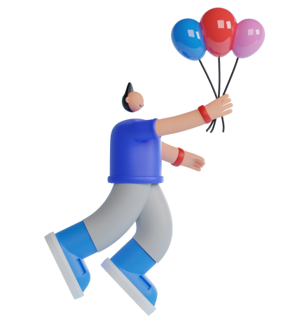 A cartoon figure holding 3 helium-filled balloons. The figure is floating from being pulled up by the rising balloons.